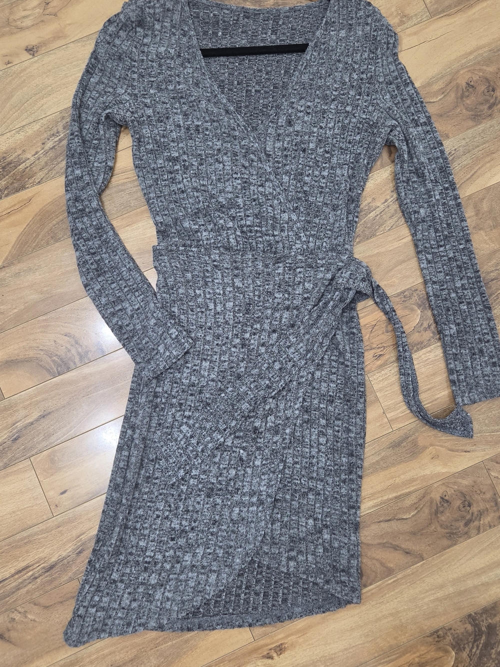 Ribbed Wrap-Style Knit Dress in Heather Gray